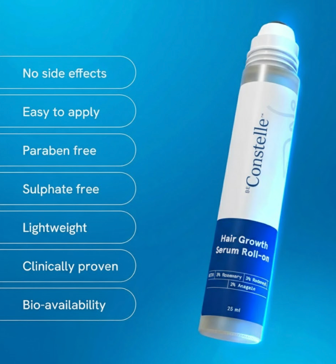 Constelle Rosemary Hair Growth Serum Roll On 25 ml | 3% Rosemary | 2% Aminexil | 3% Redensy l 2% Anagain | Precision Scalp Applicator | Paraben & Sulphate Free | Non oily and mess free